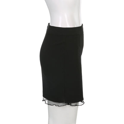 Black Split Mesh Frill Patchwork Mini Skirt