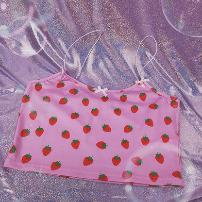 Cute Strawberry Fruit Spaghetti Strap Crop Top Camisole Shirt Tee T-shirt E-Girl Kawaii Korean Japanese Harajuku Chinese Retro Streetwear Aesthetic