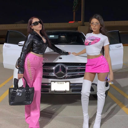 Cute 90s Vintage Hot Pink Car Print White Short Sleeve T-shirt Crop Top Aesthetic Casual E-Girl Kawaii Korean Japanese Harajuku