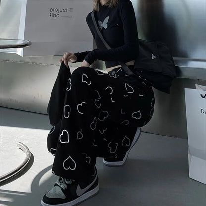 Black Heart Print High Waist Pants