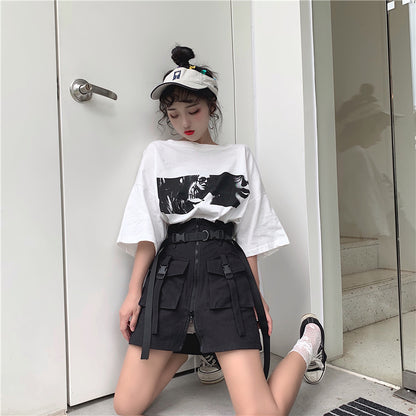Cute Goth Punk High Waist Belt Skirt E-Girl Kawaii Korean Japanese Harajuku Chinese Retro Streetwear Aesthetic