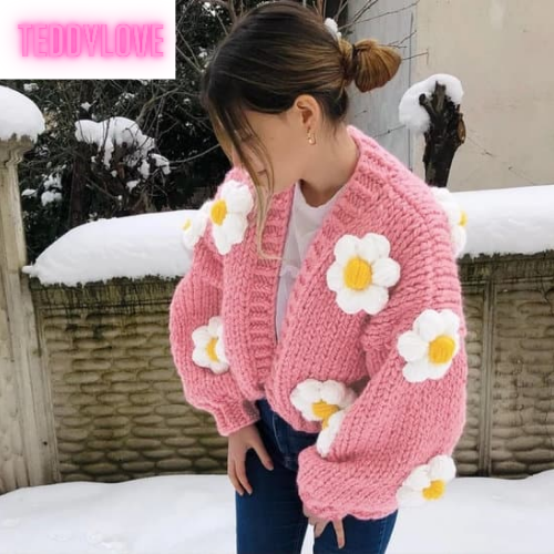 Cute Pink Daisy Flower Knit Crochet Loose Cardigan Long Sleeve V Neck Sweater Aesthetic E-Girl Kawaii Korean Japanese Harajuku