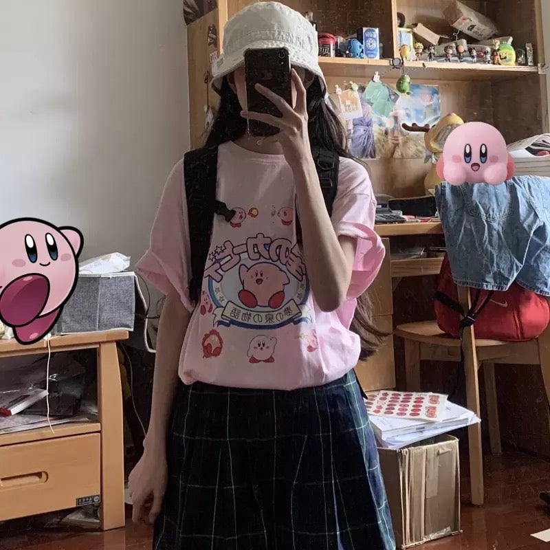 Pastel Pink Japanese Anime Graphic Cartoon Print Loose Short Sleeve T-shirt