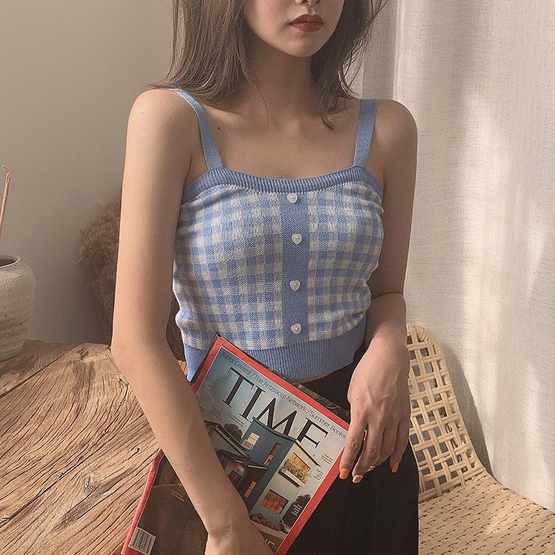 Cute Sexy Sweet Knit Plaid Checkered Botton Cami Crop Top Shirt Tee T-shirt E-Girl Kawaii Korean Japanese Harajuku Chinese Retro Streetwear Aesthetic