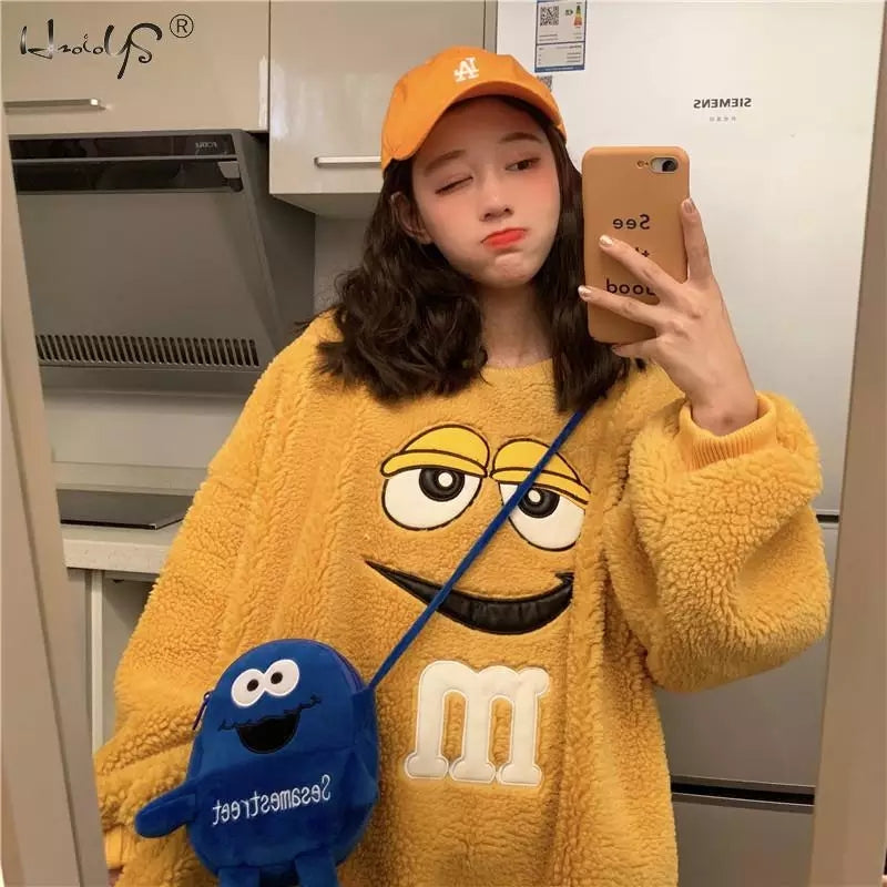 Cute Chocolate M Funny Cartoon Plush Oversize Long Sleeve Shirt Hoodie Pullover Sweatshirt Aesthetic Casual E-Girl Kawaii Korean Japanese Harajuku
