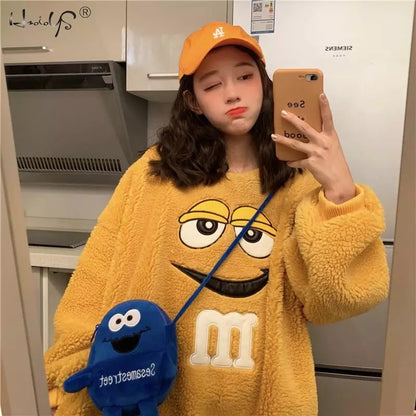 Cute Chocolate M Funny Cartoon Plush Oversize Long Sleeve Shirt Hoodie Pullover Sweatshirt Aesthetic Casual E-Girl Kawaii Korean Japanese Harajuku