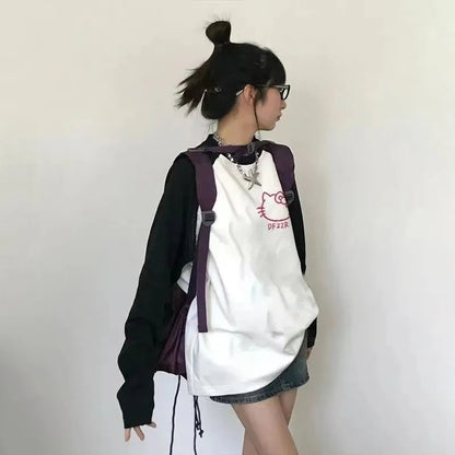 Kitty Cat Anime Cartoon Patchwork Long Sleeve T-shirt
