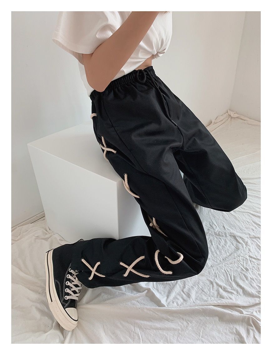 Black Lace Up Wide Leg Trousers