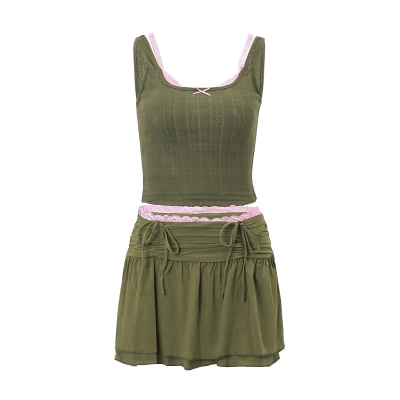 2PCS Green & Pink Lace Spaghetti Strap Top + Drawstring Skirt Set