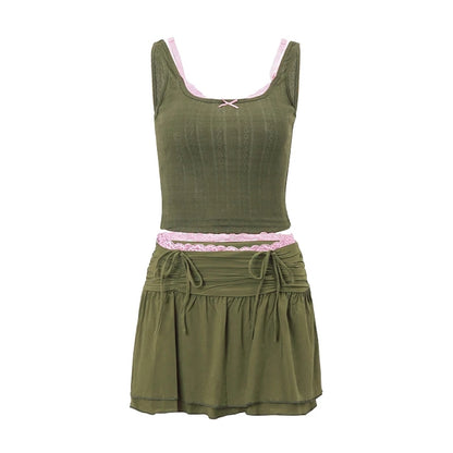 2PCS Green & Pink Lace Spaghetti Strap Top + Drawstring Skirt Set