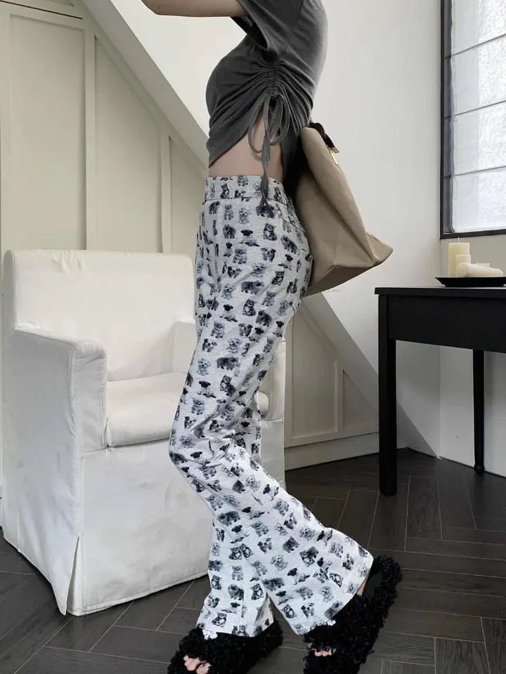 Puppy & Kitten Print Flare Trousers
