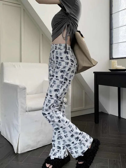 Puppy & Kitten Print Flare Trousers