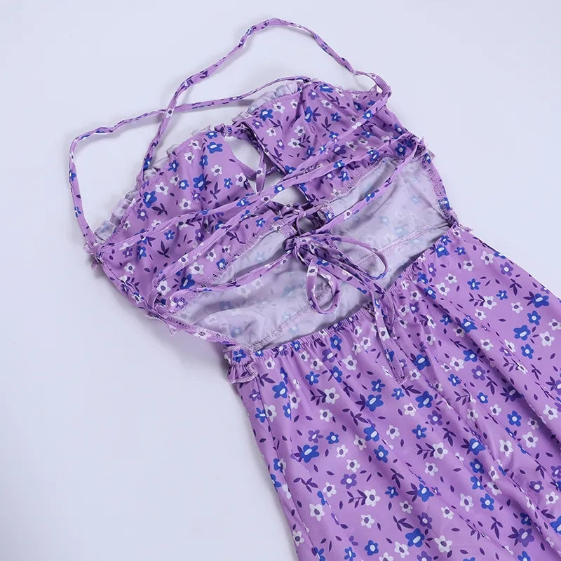 Purple Floral Ruched Satin Slip Maxi Dress