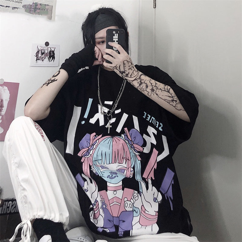 Cute Japanese Girl Punk Goth Print Oversized Short Sleeve Shirt Tee T-shirt E-Girl Kawaii Korean Japanese Harajuku Retro Streetwear Aesthetic