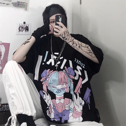 Cute Japanese Girl Punk Goth Print Oversized Short Sleeve Shirt Tee T-shirt E-Girl Kawaii Korean Japanese Harajuku Retro Streetwear Aesthetic