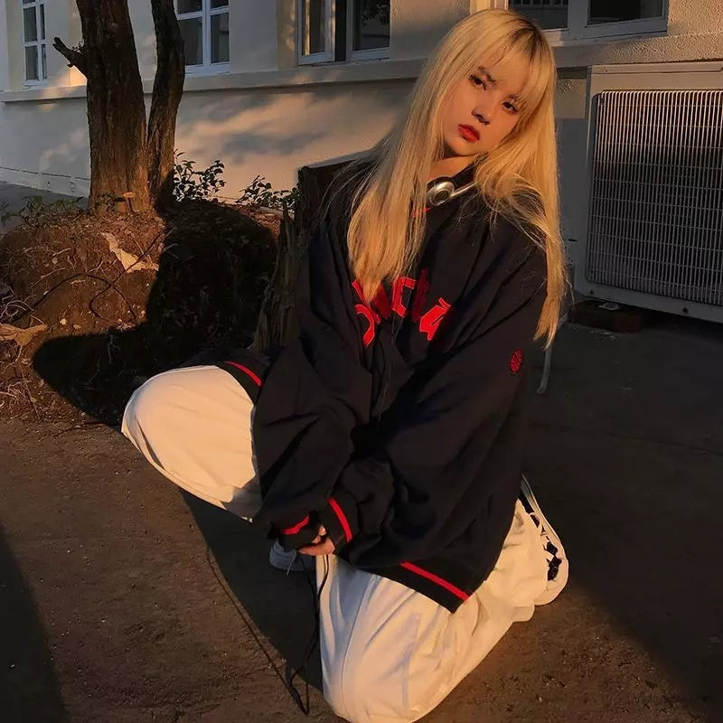 Black Letter Embroidery V Neck Long Sleeve Sweater