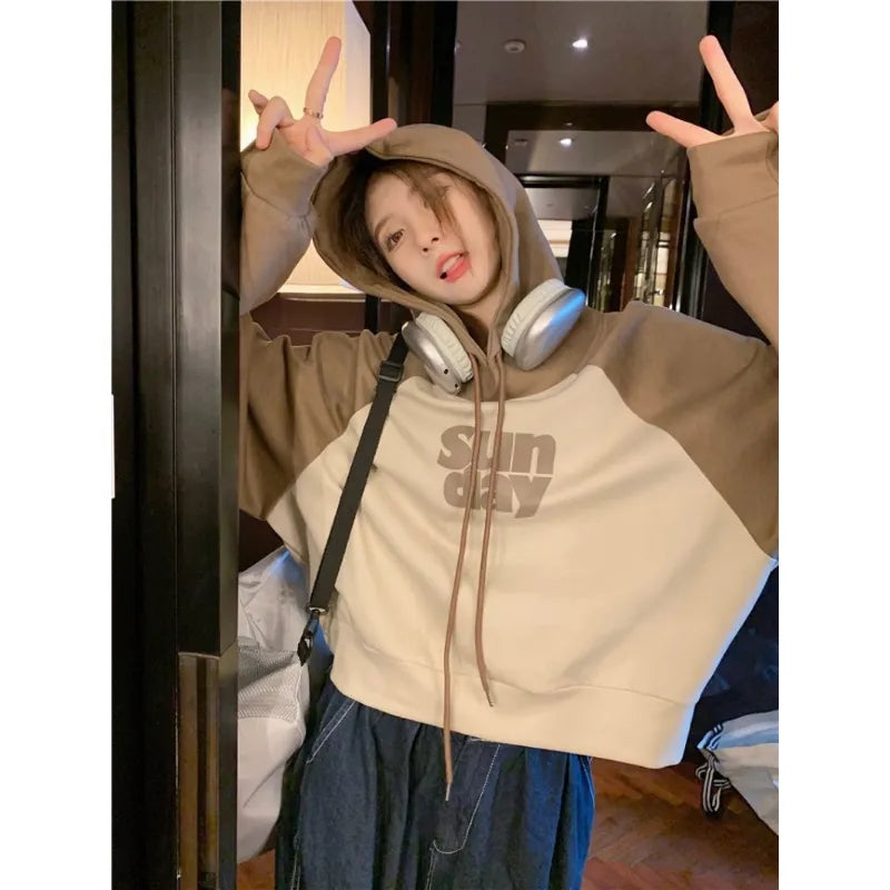 Oversized Sunday Patchwork Cropped Hoodie