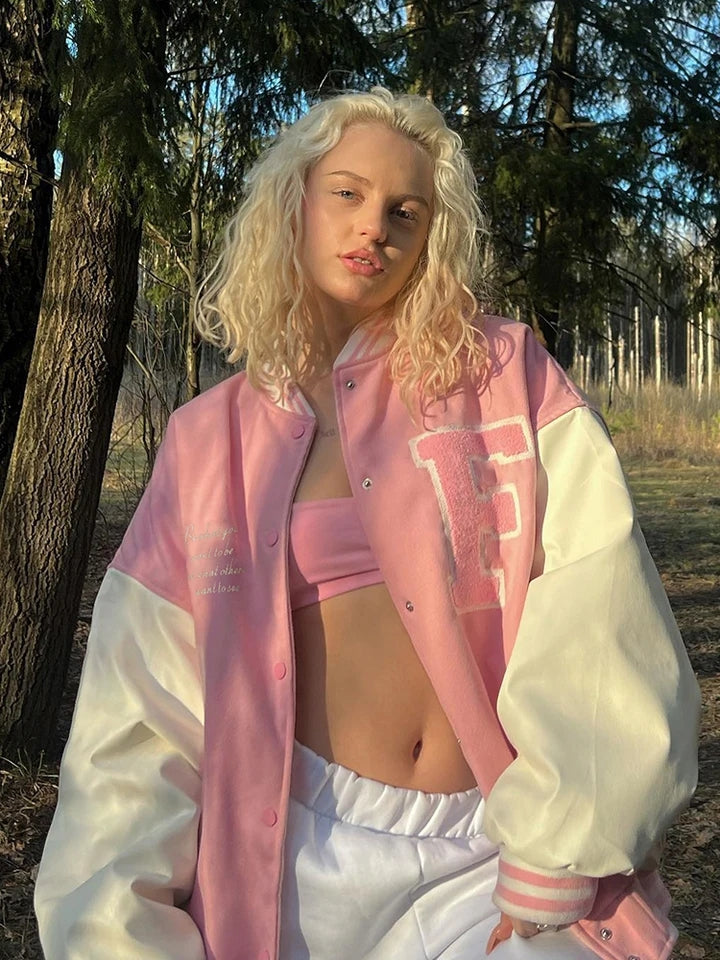 Pink Embroidery Patchwork Varsity Jacket
