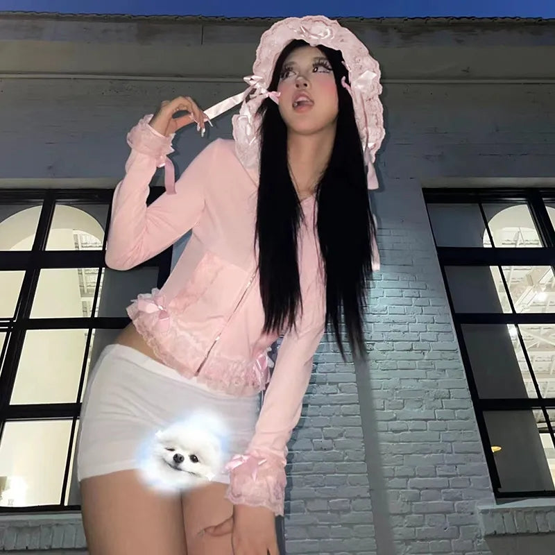 Pink Lace Ruffle Hem Cropped Zipper Hoodie