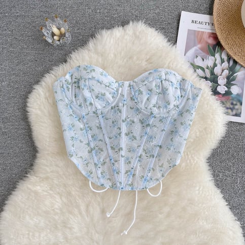 Blue Floral Lace Up Backless Corset Top