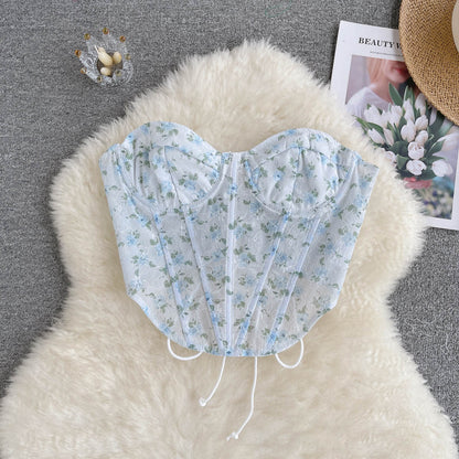 Blue Floral Lace Up Backless Corset Top