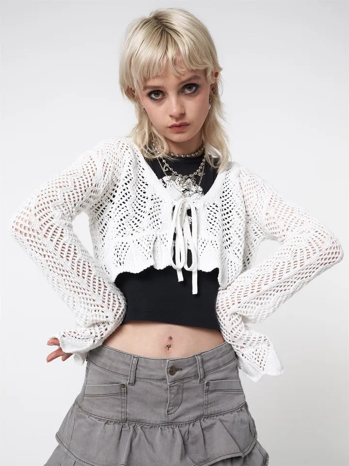 Crochet Tie Up V Neck Flare Long Sleeve Top