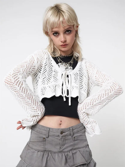 Crochet Tie Up V Neck Flare Long Sleeve Top