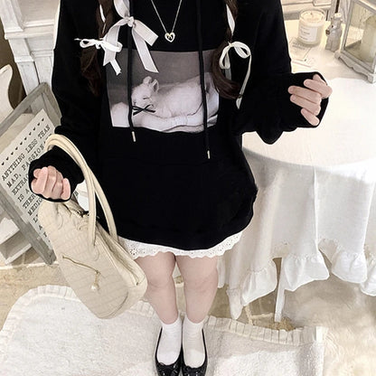 Black Rabbit Bow Loose Hoodie