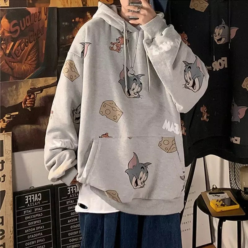 Cute Funny Cat Mouse Print Cartoon Oversized Loose Hoodie Sweatshirt Pullover Sweater Casual E-Girl Kawaii Korean Japanese Harajuku Streetwear