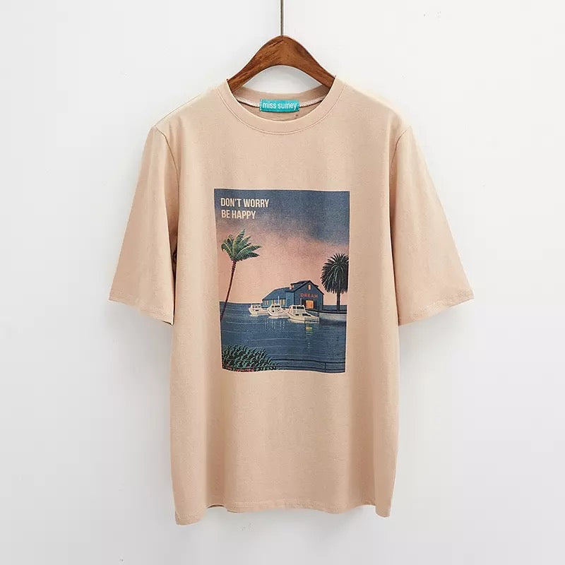 Cute Vintage Pastel Summer Beach Art Print Short Sleeve Tee Shirt T-shirt Top Oversized Loose Causal E-Girl Kawaii Korean Japanese Harajuku Streetwear