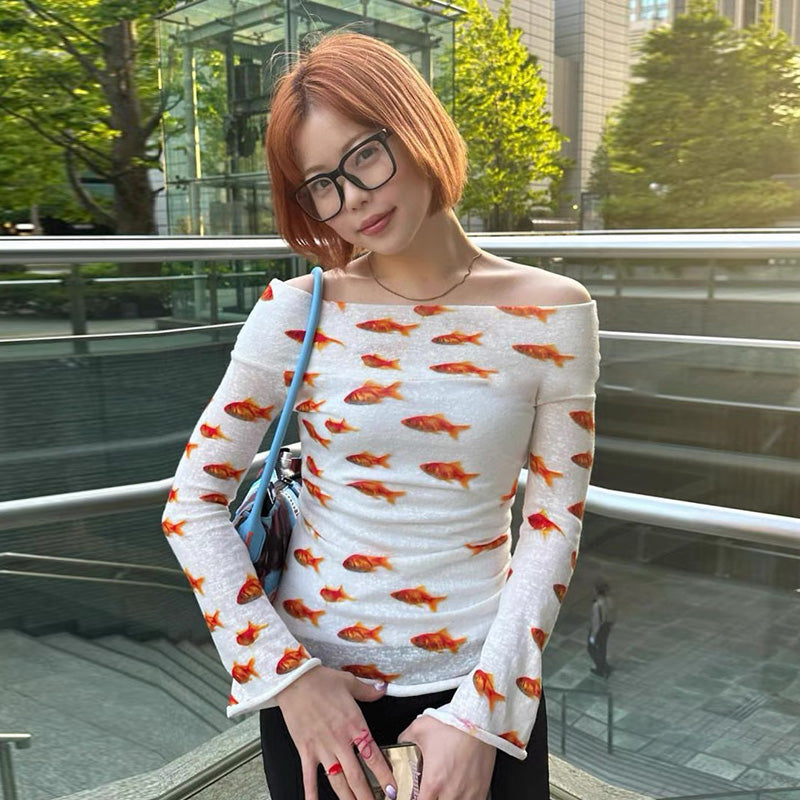 Goldfish Off Shoulder Long Sleeve Mini Dress