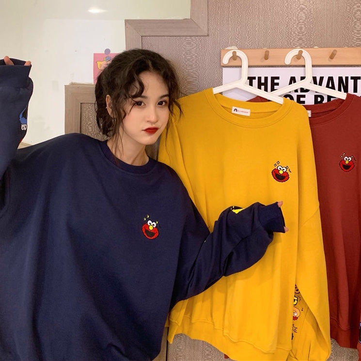 Funny Elmo Cartoon Print Loose Oversized Long Sleeve Sweatshirt Sweater Pullover Jumper Causal E-Girl Kawaii Korean Japanese Harajuku Streetwear