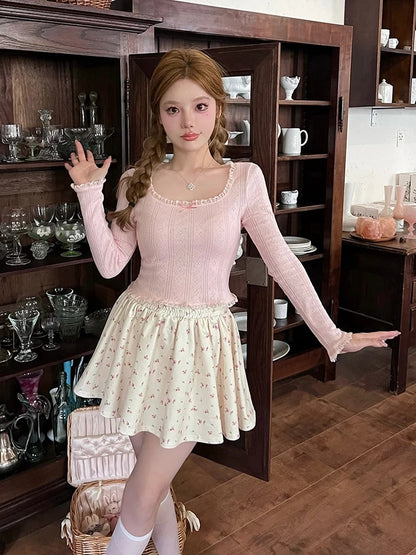 Pink Bow Lace Trim Long Sleeve Shirt