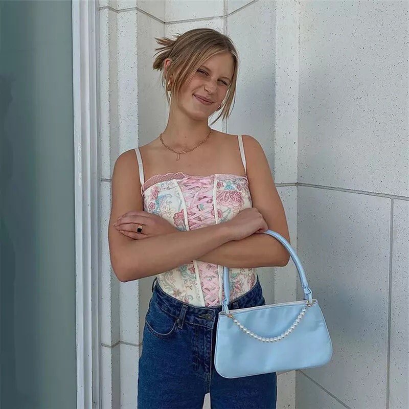 Pink Floral Print Corset Bandage Bustier Crop Top Sleeveless Shirt Summer Aesthetic Casual E-Girl Kawaii Korean Japanese Harajuku