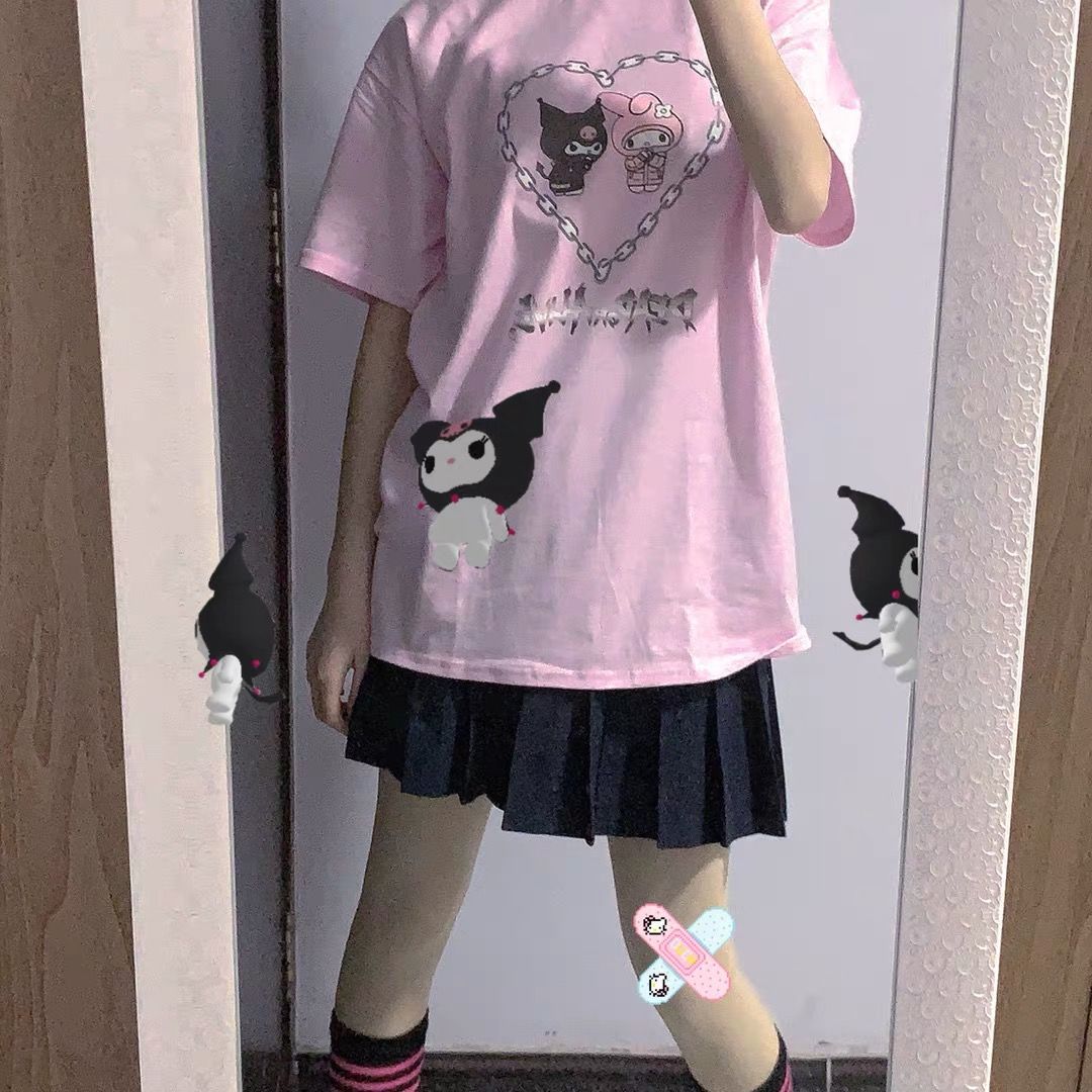 Cute Pastel Pink Anime Cartoon Print Rabbit Letter Short Sleeve Shirt T-shirt Top E-Girl Kawaii Korean Japanese Harajuku Streetwear