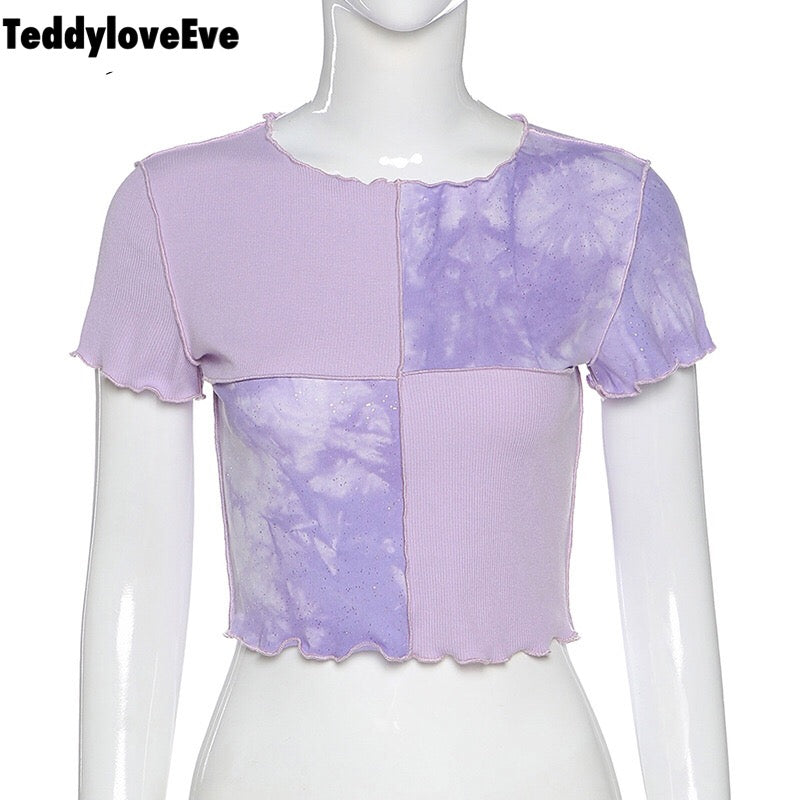 Cute Purple Sequin Ruffle Hem Patchwork Sexy Crop Top Short Sleeve Shirt Tee T-shirt Summer Casual E-Girl Kawaii Korean Japanese Harajuku Streetwear