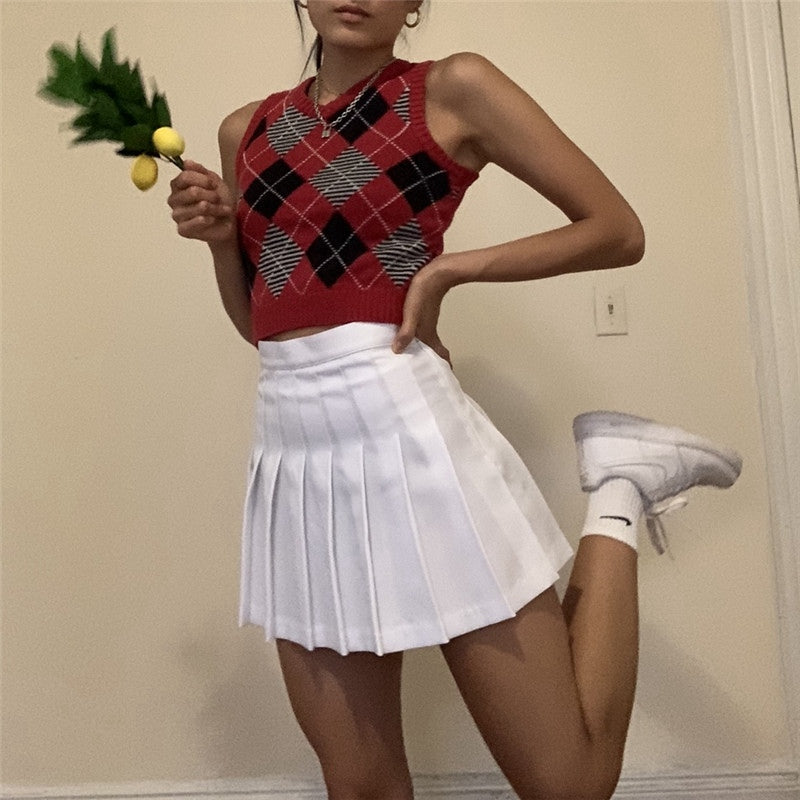 Vintage Plaid V Neck Sleeveless Sweater Vest Knit Crop Top Preppy Causal Pullover E-Girl Kawaii Korean Japanese Harajuku Streetwear