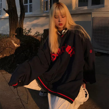 Black Letter Embroidery V Neck Long Sleeve Sweater