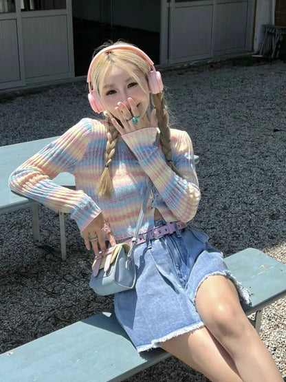 Rainbow Striped V Neck Cropped Cardigan