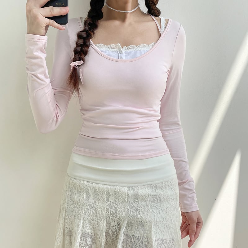Sweet Lace Up Slash Neck Long Sleeve Shirt