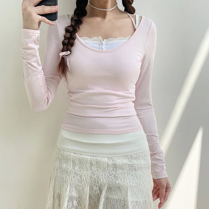 Sweet Lace Up Slash Neck Long Sleeve Shirt