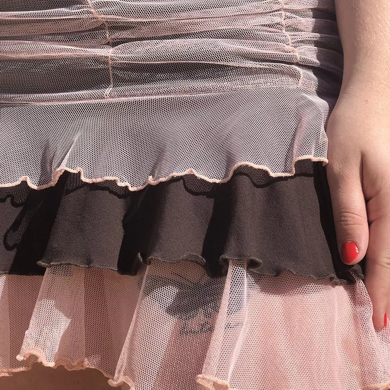 Brown Vintage Patchwork Pleated Ruffle Mini Skirt