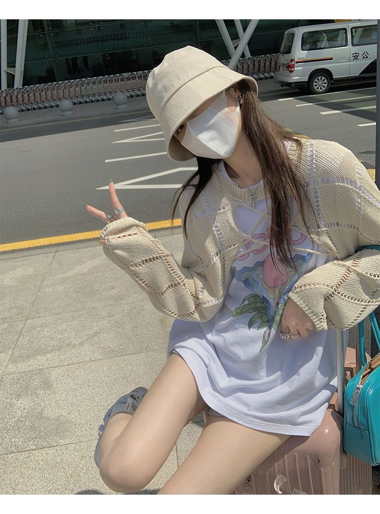 Blue Hollow Out Cropped Cardigan