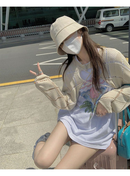 Blue Hollow Out Cropped Cardigan