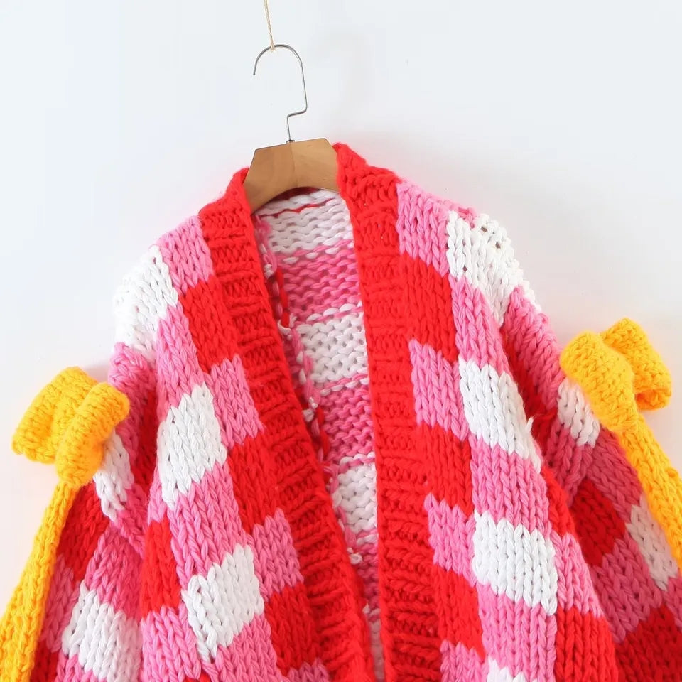 3D Red & White Crochet Cardigan with Yellow Bow