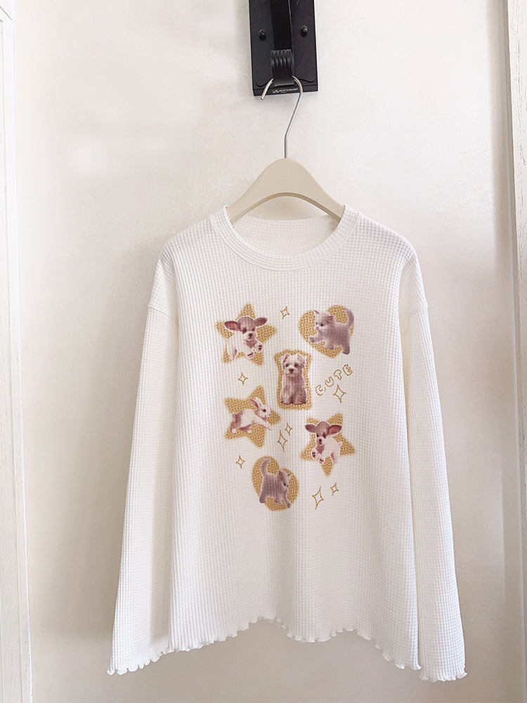 Cat Heart Print Ribbed Long Sleeve Shirt