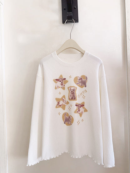 Cat Heart Print Ribbed Long Sleeve Shirt