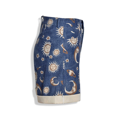 Cute Sun Moon Star Planet Pattern Loose Denim Shorts Bottom E-Girl Kawaii Korean Japanese Harajuku Chinese Retro Streetwear Aesthetic