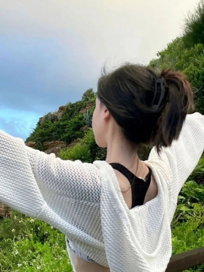 White Hollow Out Cropped Sweater