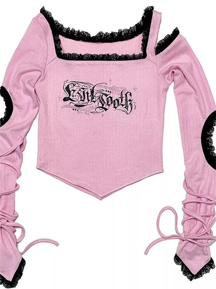 Pink Goth Bandage Hollow Out Long Sleeve T-shirt